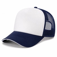 Casquette de baseball unisexe style trucker, dos en maille, devant en mousse, visière incurvée, six panneaux, réglable, blanc et bleu marine, vente en gros