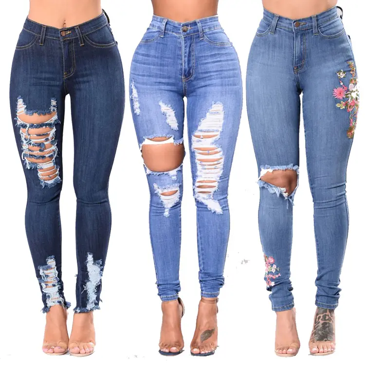 Sdress Cina All'ingrosso Parte Superiore Delle Signore Delle Ghette di Disegno Del Denim Strappato Donna Jeans