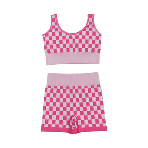 NO Tariffs Contact Us GSSO2704 Wholesale Quality Athletic Clothing Women <strong>Outfits</strong> <strong>Pink</strong> Plaid Vest with Shorts Set Adult Clothes - Product Image 2