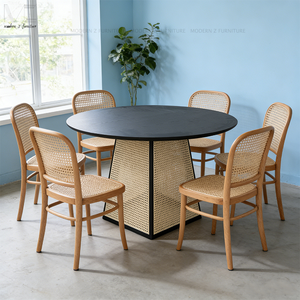 طاولة طعام دائرية فاخرة بتصميم أوروبي بسيط مصنوعة من الخشب والراتان المنسوج لغرفة الطعام - Product Image 2