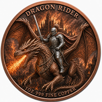 Pièce commémorative 3D en cuivre fin .999 de 1 once, motif Dragon Rider en relief, colorée, design fantastique en haute relief, objet de collection, décoration, cadeau
