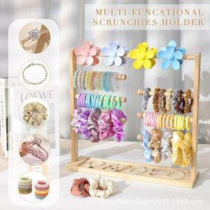 Support de rangement en bois pour chouchous, présentoir de bureau pour élastiques à cheveux pour femmes et filles avec plateau à bijoux, couleur naturelle - Product Image 4