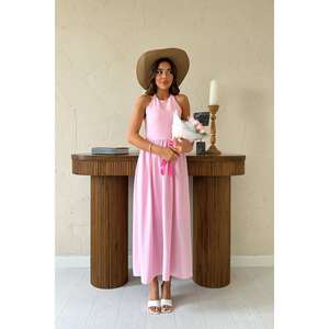 ชุดเดรสผ้าลินินสีชมพูแบบเปิดหลัง สายเดี่ยวเอวสม็อค ทรงเอไลน์ ระบายอากาศได้ดี เหมาะสำหรับวันหยุดและงานเฉลิมฉลอง สไตล์ลำลอง - Product Image 4