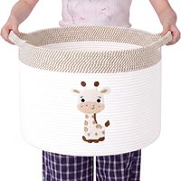 Grand panier de rangement tressé Ours et Girafe, écologique, pliable, en corde 100% coton, 20x14 pouces, Marron Blanc, pour chambre d'enfant/laverie