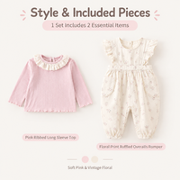 Ensemble 2 pièces pour bébé fille : Salopette florale à bretelles et haut côtelé rose à manches longues en coton de première qualité, pour l'automne et le printemps, pour nourrissons et tout-petits