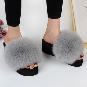 Real Fox Fur Slippers Woman Summer Open Toe Wedge Heels <b>Slides</b> Sandals Ladies Cute Plush Fluffy Shoes Women's Furry Slippers - Product Image 1