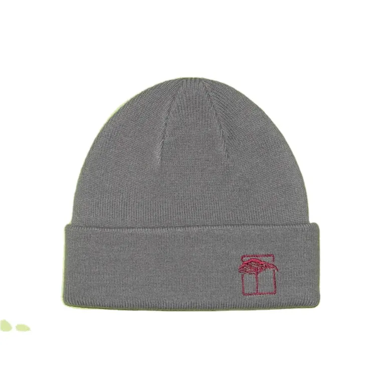 Wholesale Adults Unisex Grey Acrylic Satin Lined Ribbed Free Sample Custom Embroidery Manufacturers Beanie Hats