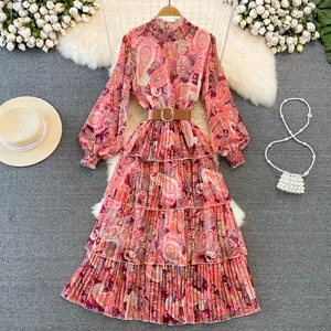 High quality vestidos women elegant summer casual vintage dress retro lantern long sleeved slim A line cake smash floral dress