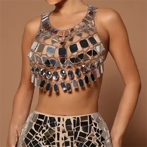 Tassel Mirror Metal Dress Girl Women Sexy Crystal Body Chain Dresses Top Bra Jewelry For Party