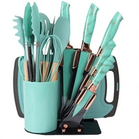 Offre Spéciale : 19 Pièces d'Accessoires de Cuisine en Silicone Résistant à la Chaleur avec Manche en Bois, Planche à Découper, Seau de Rangement, Gadgets de Cuisine et Couteaux de Chef