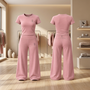 <b>Pink</b> Solid Casual Embroidered Two Piece Women Set Short Sleeve <b>Crop</b> <b>Top</b> Wide Leg Pants for Outfit - Product Image 2