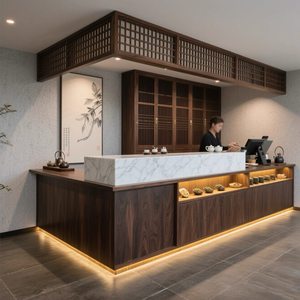Walnootkleurige vintage Chinese stijl kassa-/barcounter voor theehuis, landelijk restaurant of boerderij - Product Image 2