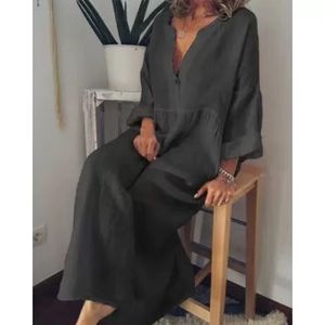 Abito <span class=keywords><strong>lungo</strong></span> allentato in cotone di lino per le donne <span class=keywords><strong>vestito</strong></span> estivo Casual da ufficio da esterno Maxi abito a <span class=keywords><strong>tre</strong></span> <span class=keywords><strong>quarti</strong></span> di <span class=keywords><strong>manica</strong></span> - Product Image 3