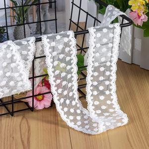 Bordatura in Pizzo Bianco <span class=keywords><strong>con</strong></span> Pois e Ricami Floreali |   Tessuto in Misto Nylon Stile Carino per Abbigliamento e Lavori Fai-da-Te - Product Image 2