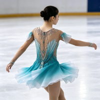 Robe de patinage artistique pour enfants, dégradé bleu sarcelle, manches volantées, dos ouvert en maille, strass faits à la main, pour la compétition