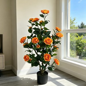 Lifelike orange camellia blossom stem with layered petals for elegant <b>bridal</b> bouquet & table centerpiece - Product Image 5