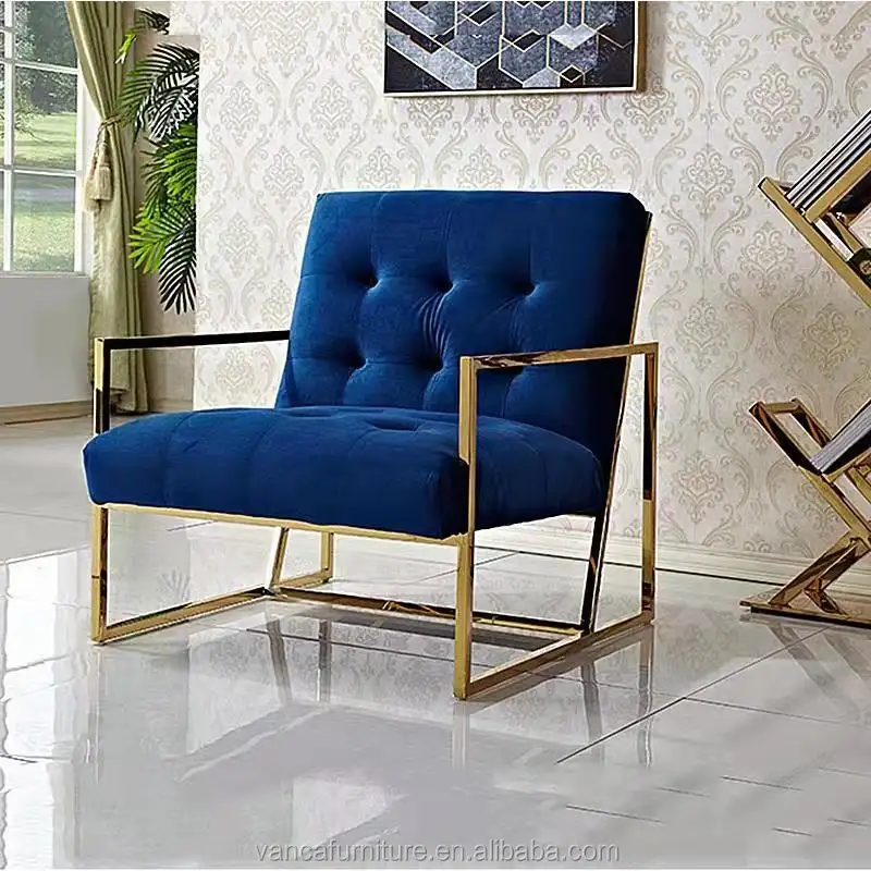 เก้าอี้กำมะหยี่สีฟ้าผลิตภัณฑ์ร้อนโลหะที่ทันสมัยเก้าอี้แขนหรูหราเลานจ์สำหรับห้องนั่งเล่น