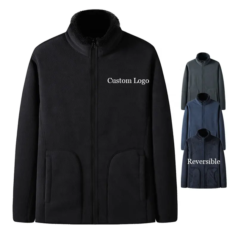 Fabric Polar Fleece Men's Reversible Velvet Fleece Stand Collar Zipper Solid Coat Winter Outerwear Jacket Custom Fleece Jacket