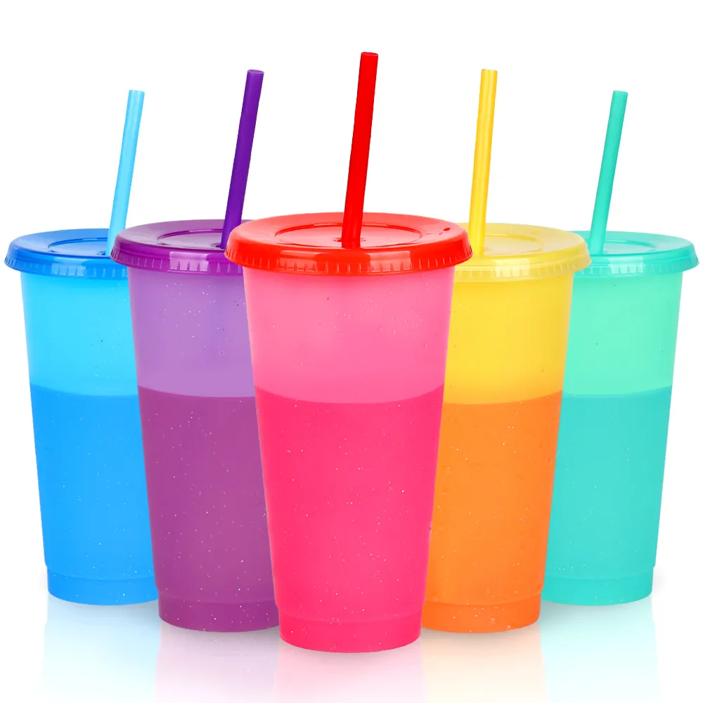 B14-1095 24oz grandes tasses à changement de couleur pour adultes enfants glacé paille froide boire mignon gobelet tasse en vrac tasses en plastique réutilisables