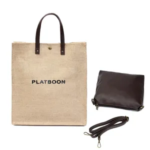 Manufacturer Customized Beach Carry Linen Burlap Hand Bag Crossbody Set Leather Handle Promotional Shopping Tote Jute Bag