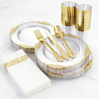 Ensemble de vaisselle jetable en plastique rose doré pour fête de mariage, assiettes et gobelets en plastique pour 25 invités, bord doré, sans BPA