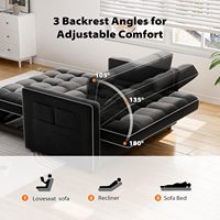 Sofá Cama Convertible Dareko de Terciopelo Negro con Relleno de Esponja, Respaldo Ajustable, Puertos USB, Bolsillos Laterales, Futón para Sala de Estar