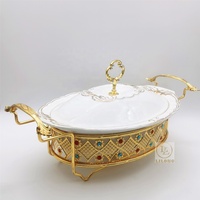 Plat de service de luxe en céramique 1,5L/2L avec incrustations de diamants, chauffe-plat de buffet en porcelaine avec couvercle pour mariages, hôtels et banquets