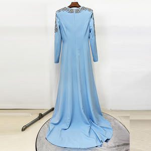 Elegante Abito Lungo Azzurro per Occasioni Speciali, Lussuoso con Perline e Strass Dorati sul Collo, Maniche Lunghe, Vestito <span class=keywords><strong>da</strong></span> Sera Formale - Product Image 4