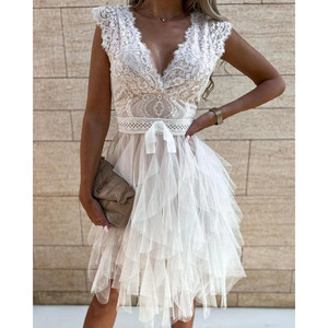 Printemps été nouveau Sexy col en V dentelle couture robe décontracté à manches courtes mode - Product Image 2