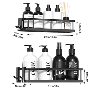 Étagère murale noire pour salle de bain, double niveau, en fer, avec crochets, pour rangement sous la douche - Product Image 3