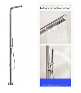 <span class=keywords><strong>Robinet</strong></span> de sol extérieur vertical avec douchette en acier inoxydable brossé, jet pluie, design moderne et épuré, eau froide et chaude - Product Image 2