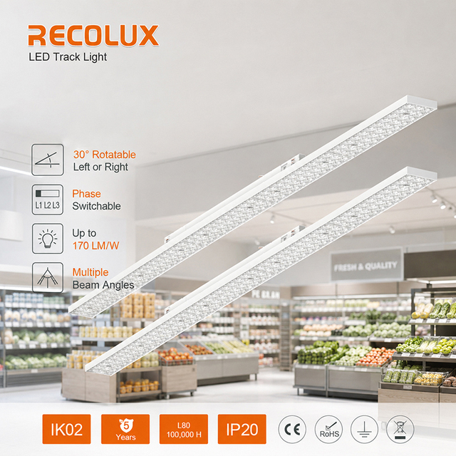 Energy Saving LED Linear Track Light 170lm/W L80 100000H Commercial Track Lighting for Supermarkets
