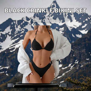 Ensemble de bikini deux pièces noir personnalisé, motif uni, écologique, séchage rapide, col en V, maillot de bain pour femme, vêtements de plage, mode - Product Image 2