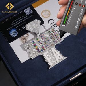 Pendentif personnalisé en argent 925 plaqué or blanc avec pierres précieuses multicolores et moissanite, design 3D de luxe hip-hop - Product Image 6