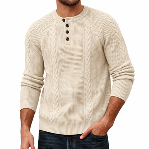 เสื้อสเวตเตอร์ผู้ชาย TESSUTO รุ่น Cream Cable Knit Waffle Raglan Sleeve Henley  แบบถักลายเคเบิ้ล  กระดุมติดแบบแผง  ปลายแขนเสื้อแบบริบ - Product Image 1