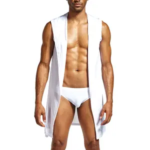 पुरुषों के अंडरवियर बाथरोब मुलायम रेशमी कपड़े सेक्सी hooded नाइटवियर