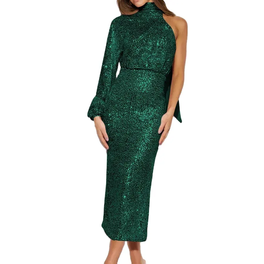 売れ筋スパンコールドレス婦人服ファッションデザインスカーフビーズロングドレスナイトクラブウェディングイブニングドレス