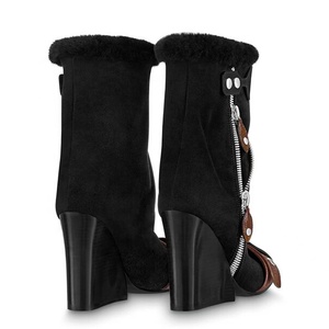 Winter Fur Top Block Heel Square Toe Women Ankle <b>Boots</b> Side Zipper Mixed Color Belt Buckle Short Booties Ladies Flock Shoes - Product Image 5