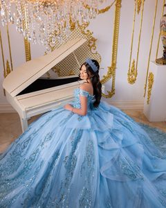 Abiti da Quinceañera Mumuleo <span class=keywords><strong>Blu</strong></span> Cielo 2026, Abito da ballo lungo fino al pavimento con strascico a cappella, in <span class=keywords><strong>raso</strong></span> moderno con stampa in pizzo, vita naturale, per adolescenti - Product Image 5