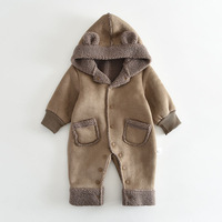 Combinaison à capuche avec oreilles d'ours unisexe pour bébé, combinaison épaisse et chaude avec poche pour l'automne et l'hiver, tenue confortable