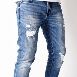 شعار مخصص الأزرق Pantalones المتعثرة بنطلون الدينيم بناطيل ضيقة الرجال انفجرت الجينز - Product Image 4