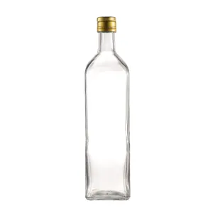 透明1升透明玻璃马拉斯卡瓶1000毫升厨房橄榄油瓶1l带深绿色金色盖子