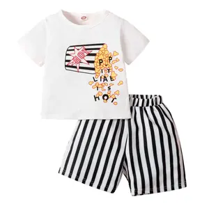 2pcs/set Summer Children's Pure Cotton Suit Popcorn Letter Print Short Sleeve T-shirt Stripe Shorts Set For Baby Girls Clothes