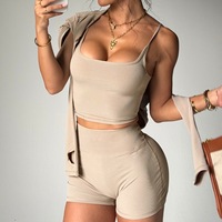 Ensemble 3 pièces pour femmes, haut de sport et short taille haute en spandex/polyester, séchage rapide, respirant, anti-plis, yoga, fitness