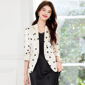 Women's Polka Dot Blazer Three Quarter Sleeve Slim Fit Spring Summer 2025 Breathable Polyester Coat - Product Image 3
