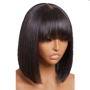 Vente en gros Perruques cheveux humains synthétiques Full Lace HD Perruques cheveux humains soyeux et droits avec frange Fournisseur de perruques courtes BOb fabriquées à la machine