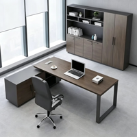 Bureau de direction moderne minimaliste en forme de L avec finition grain de bois, structure métallique et armoire latérale mobile - Mobilier de bureau commercial