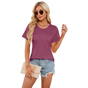T-<span class=keywords><strong>shirt</strong></span> plissé décontracté en coton de haute qualité pour <span class=keywords><strong>femme</strong></span>, coupe ample, respirant, anti-boulochage, manches courtes, excellent <span class=keywords><strong>prix</strong></span>, vente en gros très demandée - Product Image 3
