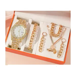 7 pcs Women's watch jewelry sets new quartz watch gift set golden silver plated watch necklace jewelry set