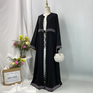 Eid Luxury Premium Nida Modest Beaded Polyester Abaya with Silver Rhinestones Wide Sleeves Side Pockets <b>Spring</b> 1402# - Product Image 6